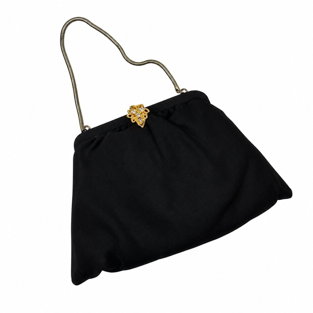 Vintage Black Evening Clutch Bag Gold Rhinestone Leaf Clasp Orange Lining 9x6